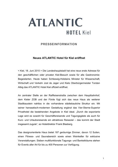 Entwurf Pressemitteilung ATLANTIC Hotel Kiel - ATLANTIC Hotels