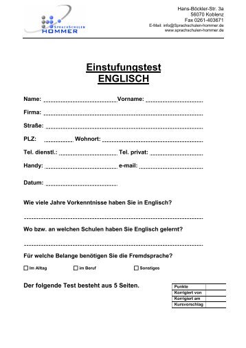 Einstufungstest ENGLISCH - Sprachschulen Hommer