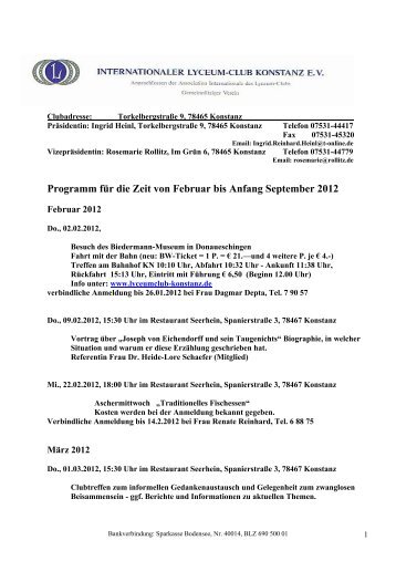 Programm für die Zeit von Februar bis Anfang September 2012