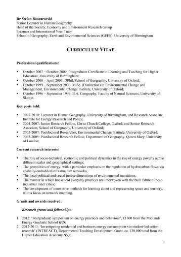 CV of Stefan Bouzarovski - University of Birmingham
