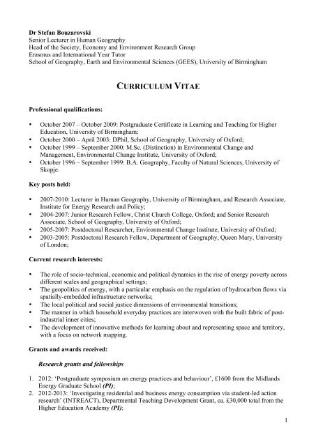 CV of Stefan Bouzarovski - University of Birmingham