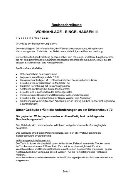 Baubeschreibung WOHNANLAGE - RINGELHAUSEN III