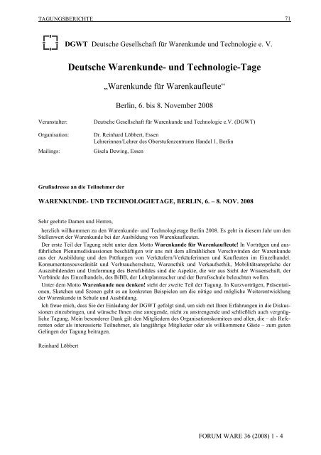 Deutsche Warenkunde- und Technologie-Tage - DGWT