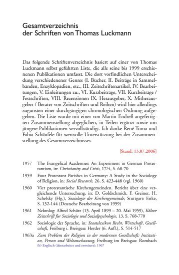 Gesamtverzeichnis der Schriften von Thomas Luckmann