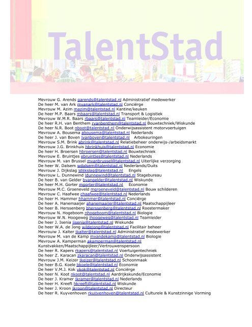 Medewerkers TalentStad schooljaar 2012-2013