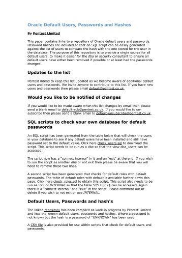 Oracle Default User and Password List - Pentest Limited