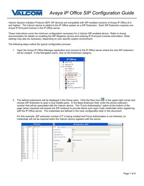 Avaya IP Office SIP Configuration Guide - Valcom