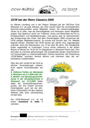 OCW-Blättle 01/2009 - OldTimer Club Weissach eV