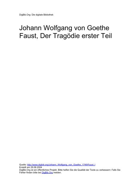 Johann Wolfgang Von Goethe Faust Der Tragodie Digbib Org