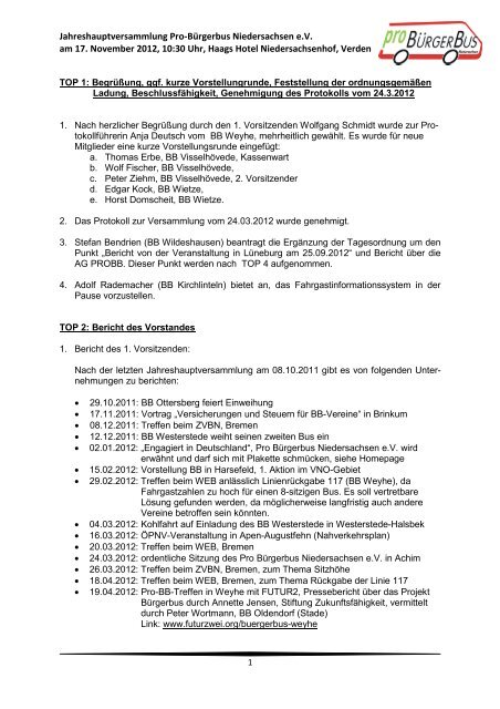 Jahreshauptversammlung Pro-Bürgerbus Niedersachsen eV am 17 ...