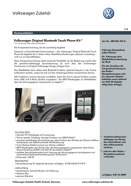 Volkswagen Original Bluetooth Touch Phone-Kit - GeomantieArina ...