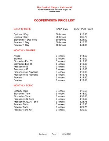 coopervision price list - the optical shop