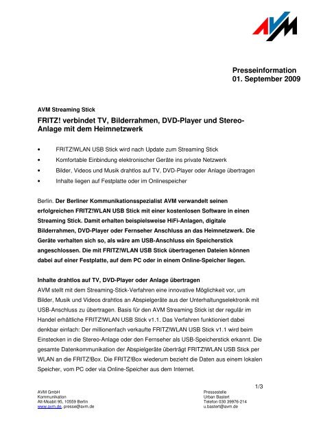 FRITZ! verbindet TV, Bilderrahmen, DVD-Player und Stereo ... - AVM