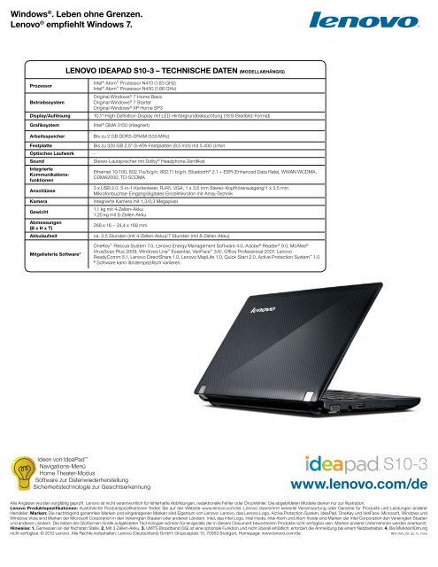 Lenovo IdeaPad S10-3 Netbook Datasheet