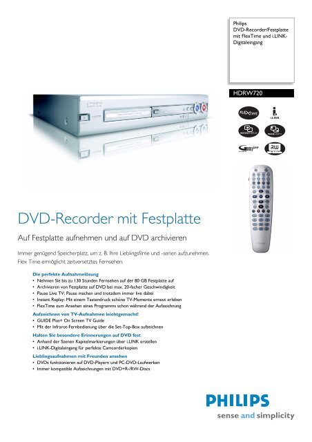 HDRW720/00 PHILIPS DVD-Recorder/Festplatte mit FlexTime und i ...