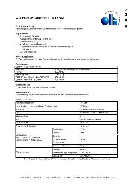 OLI-PUR 2K Lackfarbe N 58752 DECKLACK - Oli Lacke GmbH