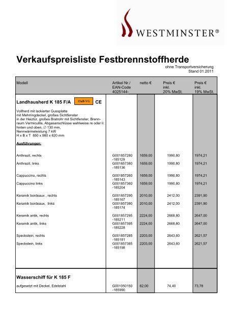 Verkaufspreisliste Festbrennstoffherde