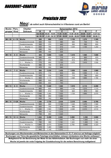 Hausboot mieten Preise 2012 - Marina Lanke AG