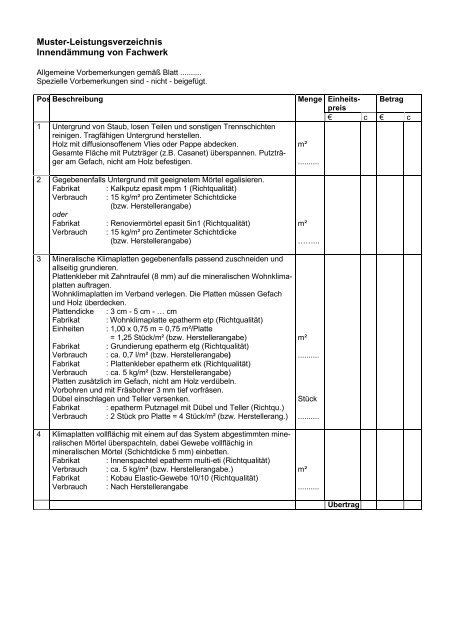 Muster Leistungsverzeichnis Innendammung Von Fachwerk Epasit