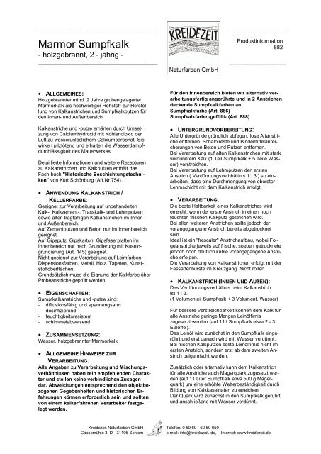 Produktdatenblatt Marmor Sumpfkalk - Kreidezeit Naturfarben GmbH