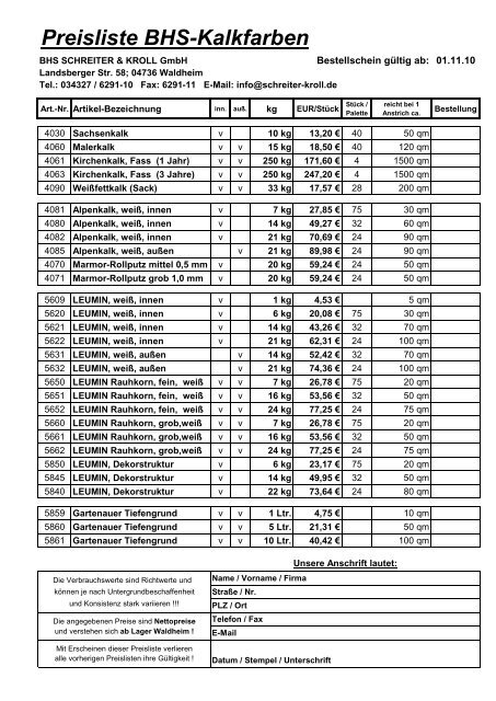 Preisliste BHS-Kalkfarben - Schreiter & Kroll GmbH