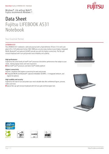 Data Sheet Fujitsu LIFEBOOK A531 Notebook