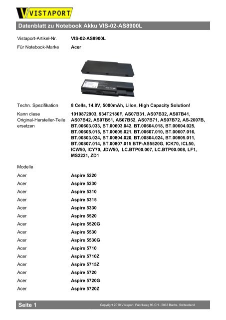 Datenblatt zu Notebook Akku VIS-02-AS8900L Seite 1 - Onyougo.de