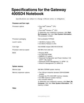 Specifications for the Gateway 400SD4 Notebook - Gateway Tech ...