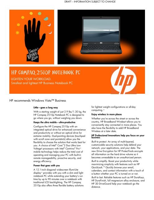 HP Compaq 2510p Notebook PC Data Sheet - Hewlett-Packard