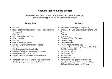 Ausrüstungsliste für das Skilager - am Gymnasium Kirchheim