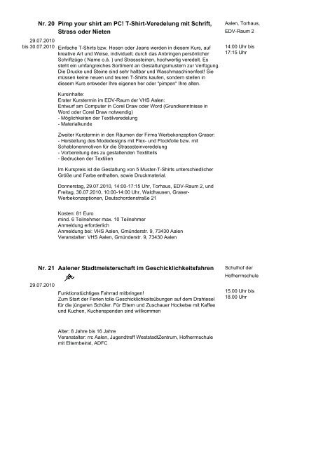 Stadt Aalen - Ferienprogramm PDF-Erstellung