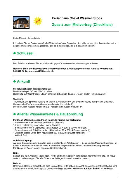 Checkliste Ferienhaus Chalet Wasmeli Stoos