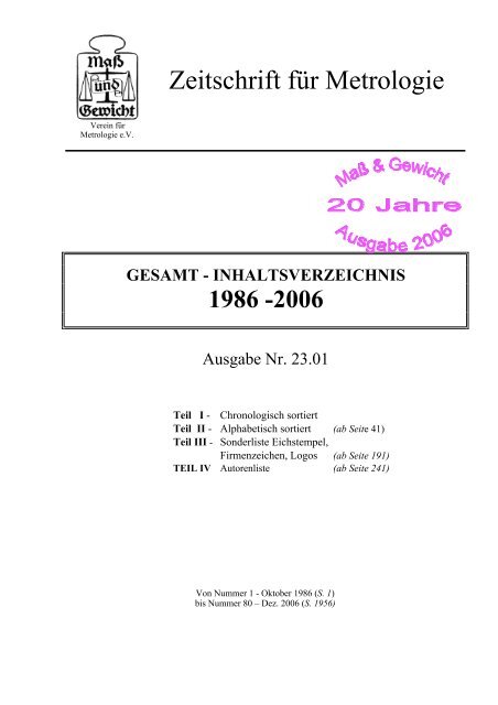 gesamt - inhaltsverzeichnis 1986 - Maß und Gewicht, Verein für ...