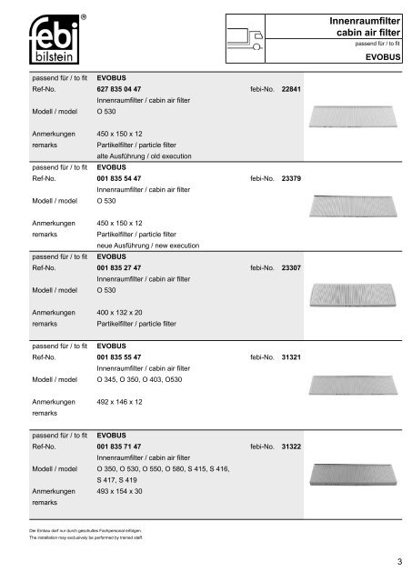 Innenraumfilter Cabin air filter Edition 2011