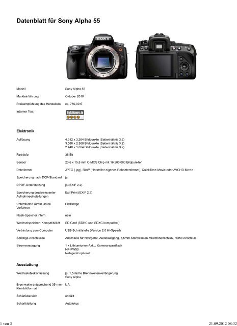 Datenblatt für Sony Alpha 55 - farbfotos.ch