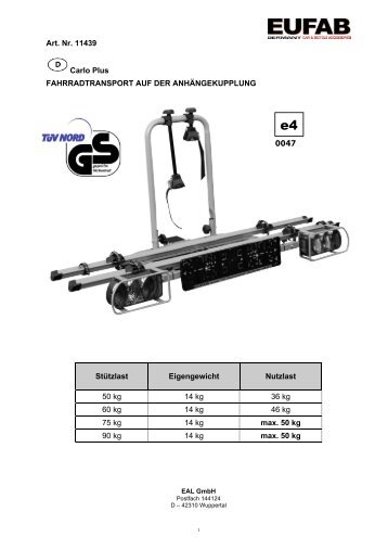 Art. Nr. 11439 Carlo Plus FAHRRADTRANSPORT AUF DER ...