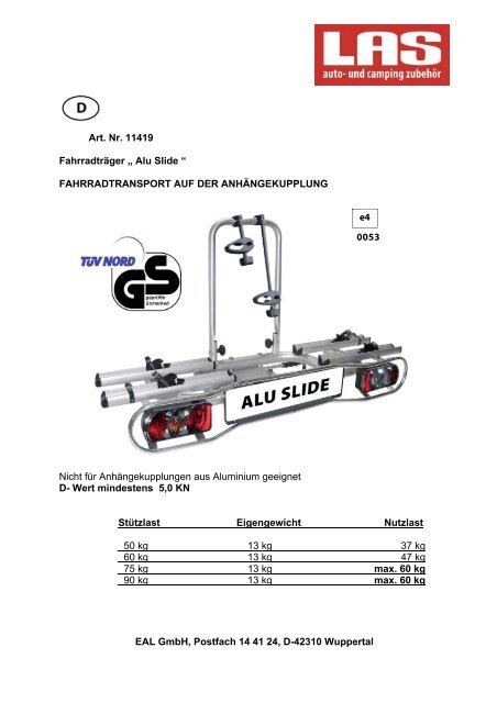 Art. Nr. 11419 Fahrradträger „ Alu Slide “ FAHRRADTRANSPORT