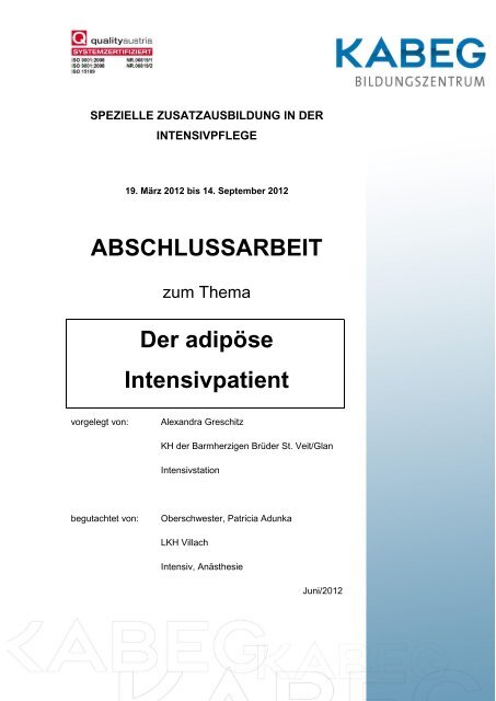 ABSCHLUSSARBEIT Der adipöse Intensivpatient - Kabeg