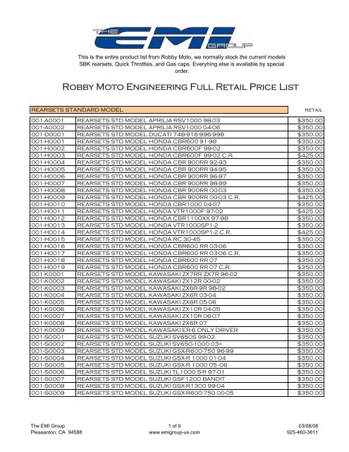 Robby Moto Engineering Full Retail Price List - The EMI Group