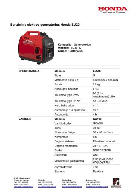 Benzininis elektros generatorius Honda EU20i - Mastermann