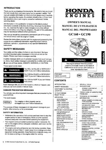 OWNER'S MANUAL HONDA ENGINES GC160-190 - mdmpower.com