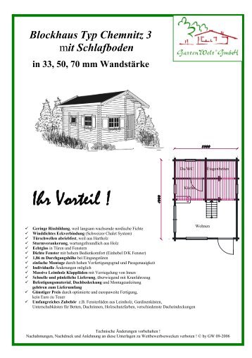 Blockhaus Typ Chemnitz 3 mit Schlafboden in 33, 50, 70 mm ...
