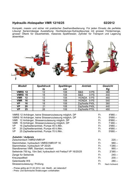 Hydraulik–Holzspalter VMR 12/16/25 02/2012 - Fim AG