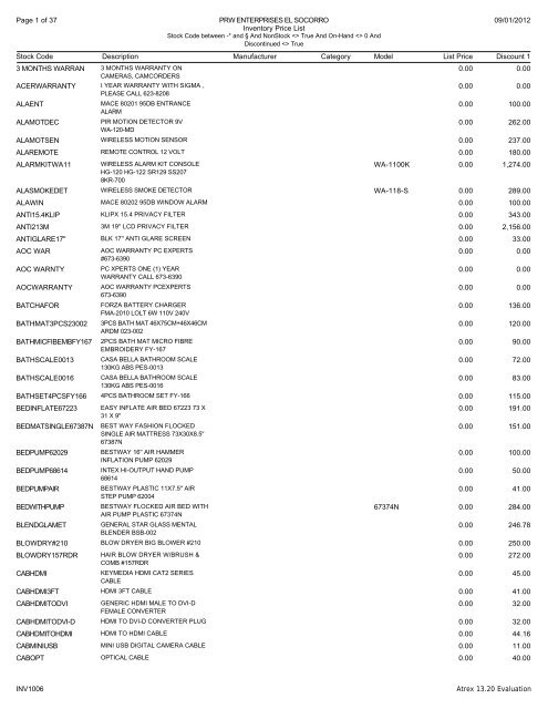 Inventory Price List Prw Enterprises Home Page