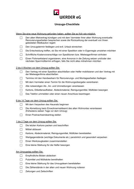 Umzugs Checkliste Werder Eg