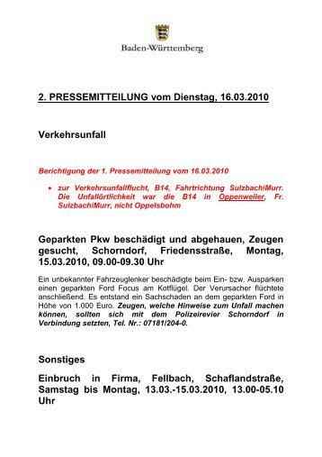 2. PRESSEMITTEILUNG vom Dienstag, 16.03.2010 Verkehrsunfall ...