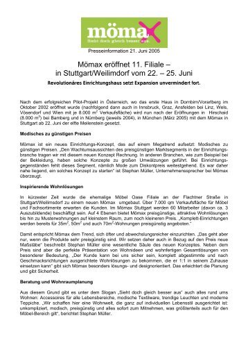 Mömax eröffnet 11. Filiale – in Stuttgart/Weilimdorf vom 22. – 25. Juni