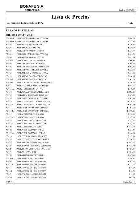 Lista de Precios - BONAFE - Frenos y Embragues