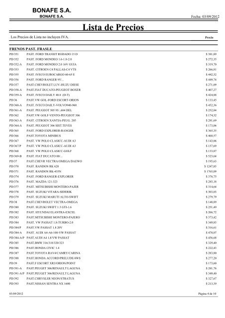 Lista de Precios - BONAFE - Frenos y Embragues