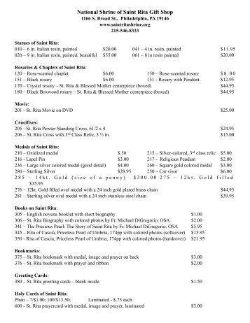 Gift Shop Pricelist - National Shrine of Saint Rita of Cascia